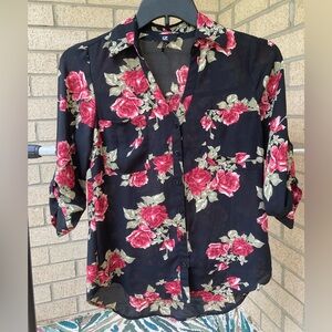 Black Semi Sheer Floral Rose Print Collared Button Down Black Blouse